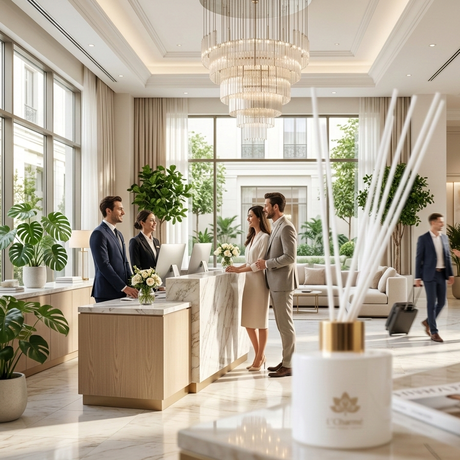 Weiße Duftstäbchen von L'Charmé in einer luxuriösen, hellen Hotellobby mit Marmordetails und eleganter Atmosphäre.