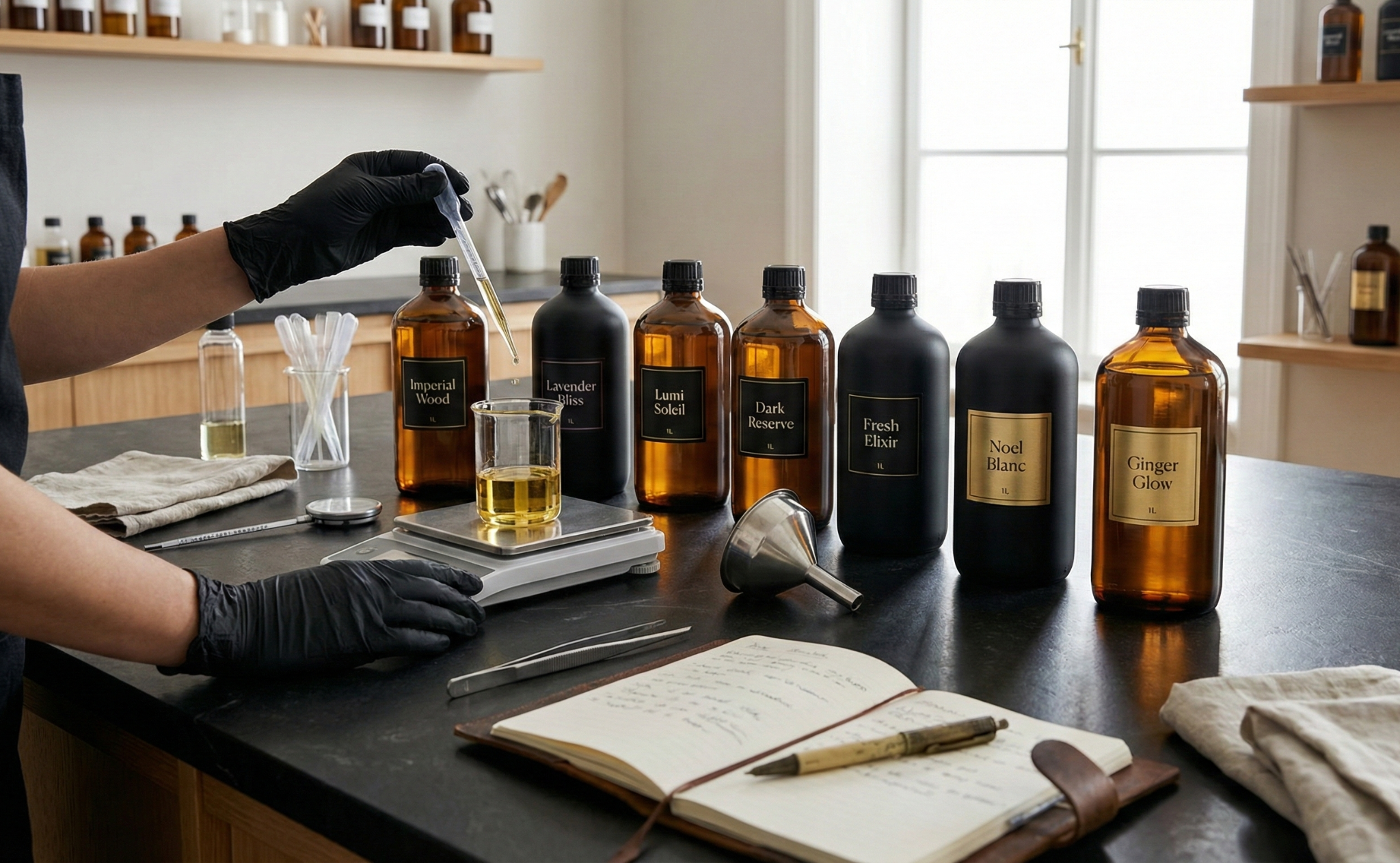 L’Charmé Duftöl-Arbeitsbereich: Hände mit schwarzen Handschuhen pipettieren Duftöl in ein Becherglas, daneben beschriftete Glasflaschen (Imperial Wood, Lavender Bliss, Lumi Soleil, Dark Reserve, Fresh Elixir, Noël Blanc, Ginger Glow) auf Arbeitstisch