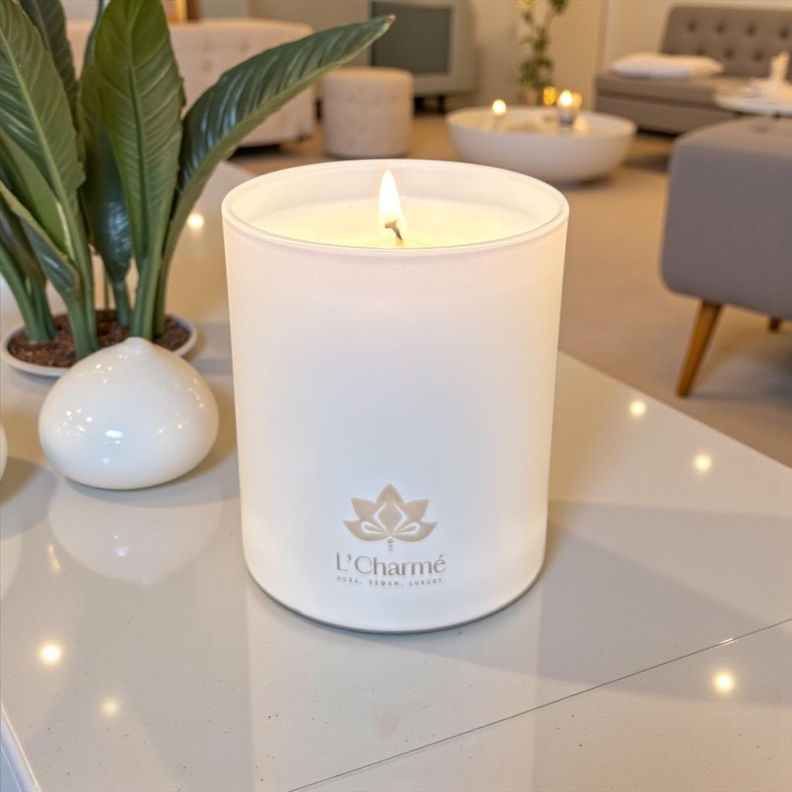L’Charmé Duftkerze in Creme auf Tisch im modernen Wohnzimmer neben grüner Pflanze.