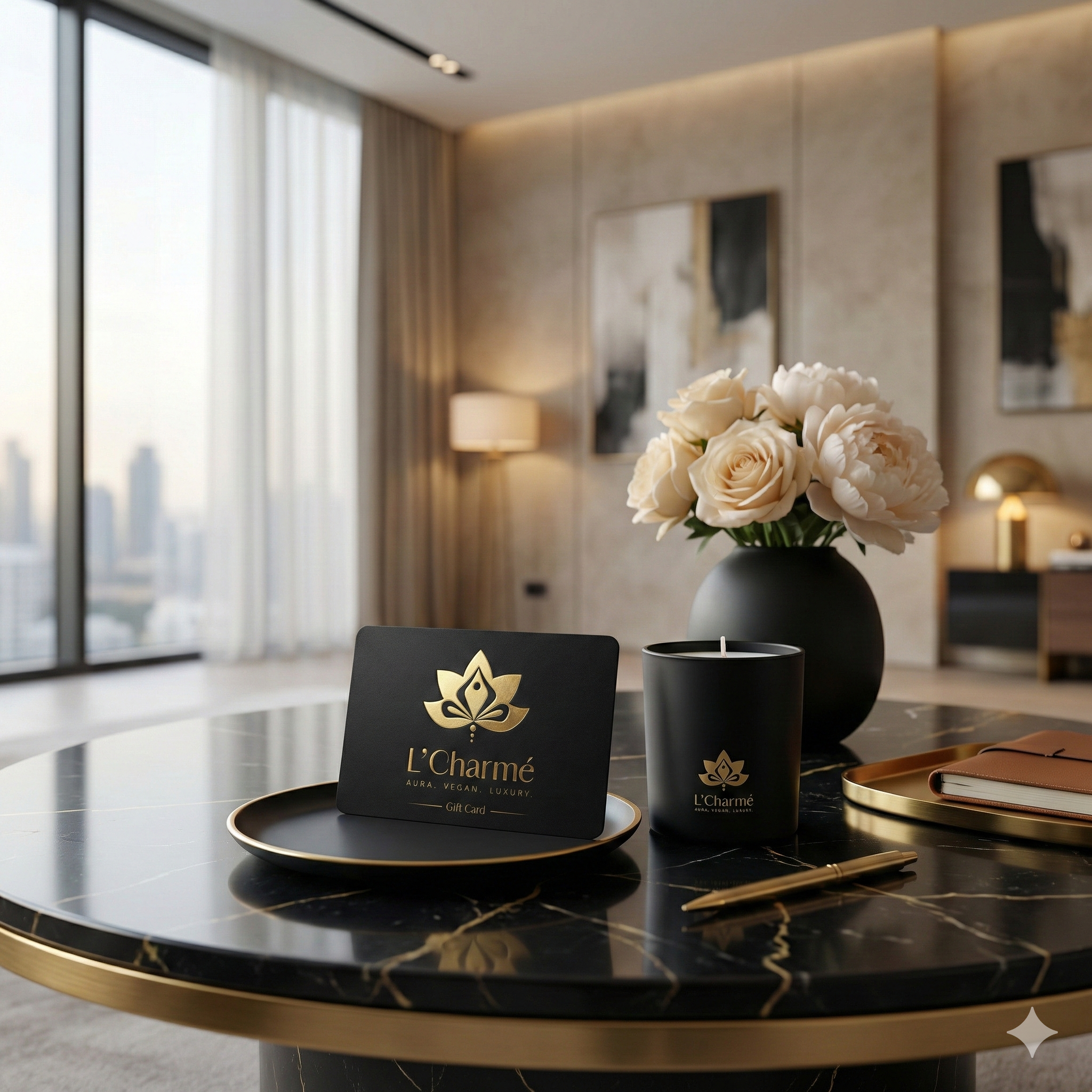 L’Charmé Gift Card in Schwarz mit goldfarbenem Logo auf einem Tablett neben einer schwarzen Duftkerze auf einem Marmortisch, elegante Wohnraum-Szene im Hintergrund