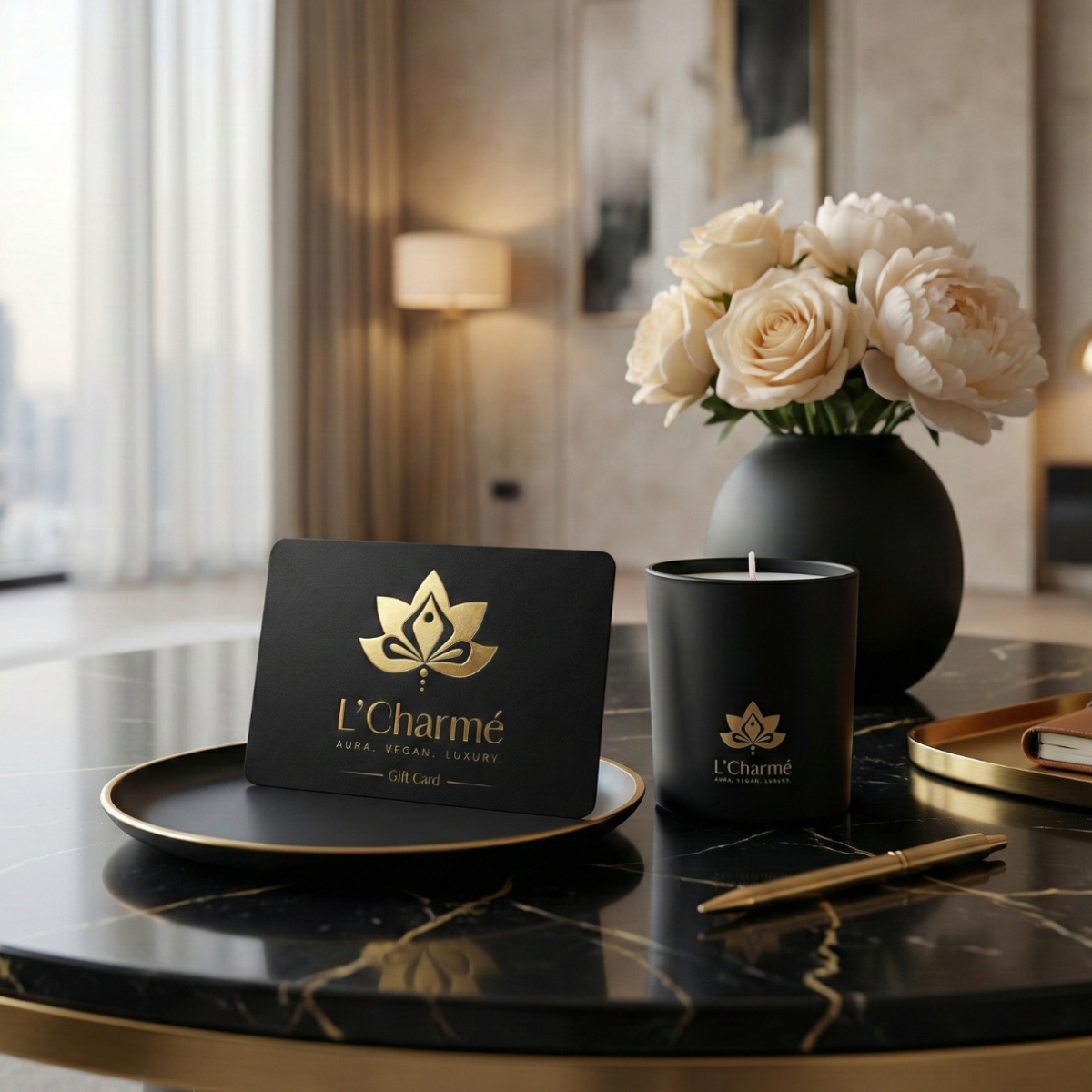 L’Charmé Gift Card in Schwarz mit goldfarbenem Logo auf einem Tablett neben einer schwarzen Duftkerze auf einem Marmortisch, elegante Wohnraum-Szene im Hintergrund
