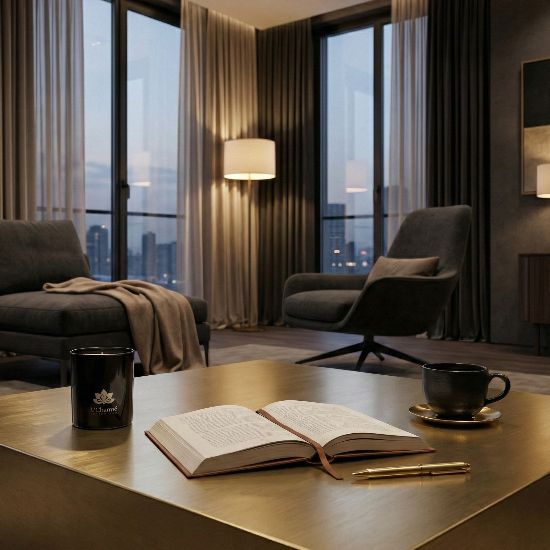 Stilvolles Wohnzimmer bei Abenddämmerung mit Stadtblick; auf goldenem Couchtisch stehen eine schwarze L’Charmé Duftkerze, ein offenes Buch, ein Stift und eine schwarze Tasse.