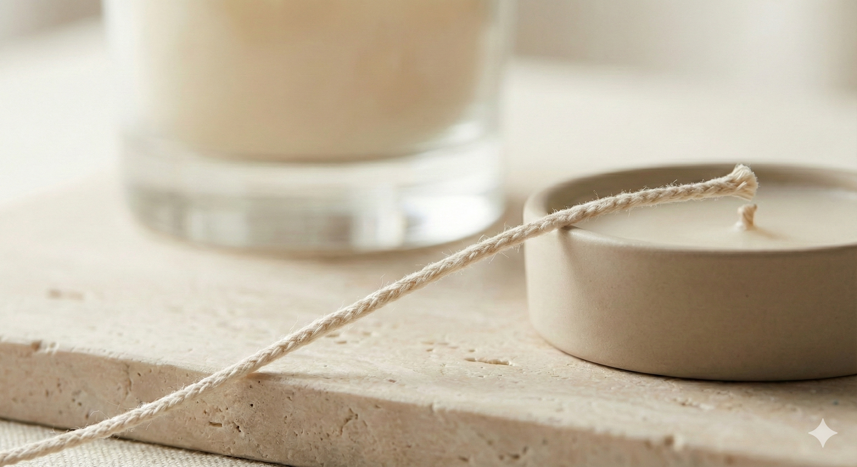 Baumwoll- und Leinendocht: geflochtener Docht vor einer kleinen Schale mit Wachs, im Hintergrund ein Glasgefäß auf hellem Steinuntergrund