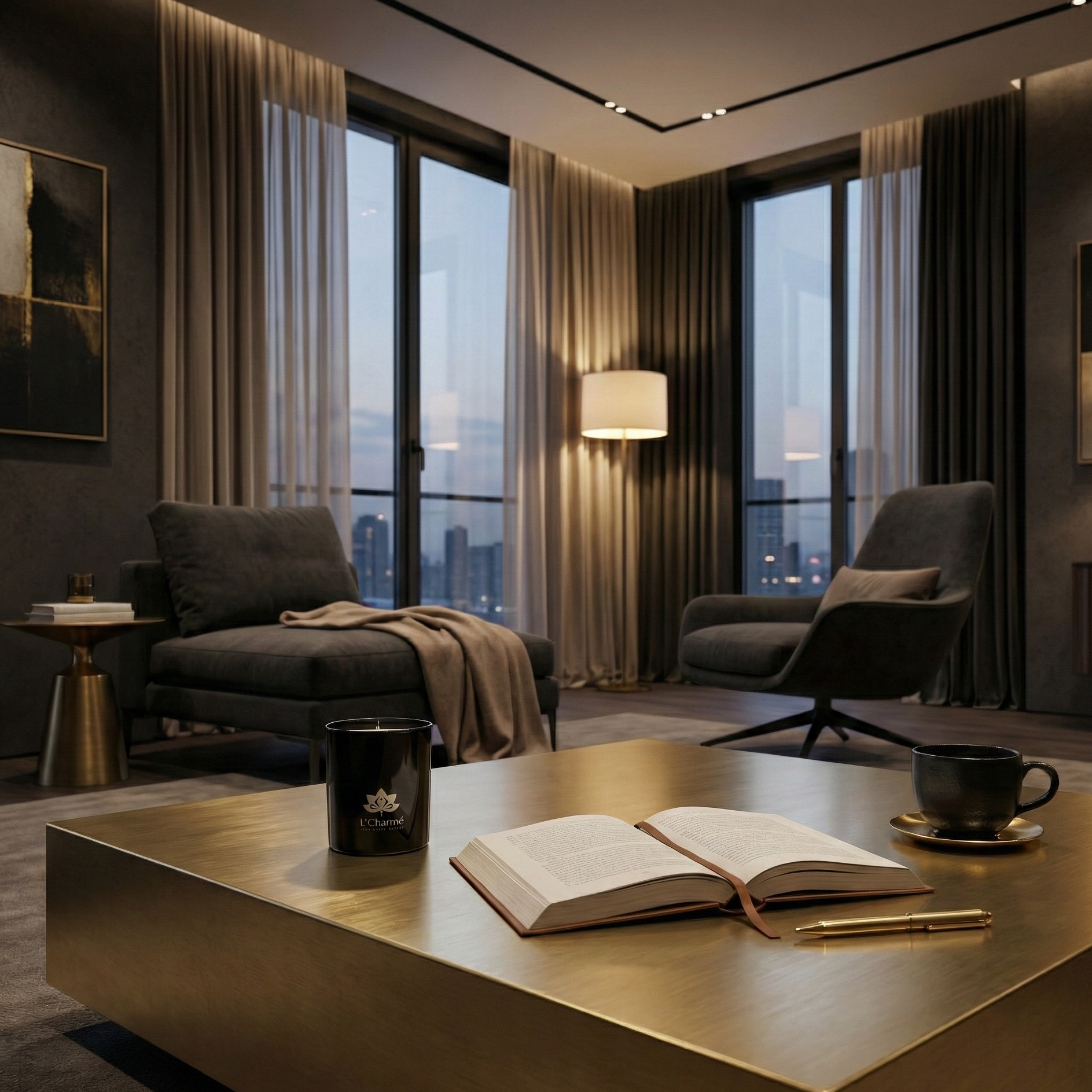 Stilvolles Wohnzimmer bei Abenddämmerung mit Stadtblick; auf goldenem Couchtisch stehen eine schwarze L’Charmé Duftkerze, ein offenes Buch, ein Stift und eine Tasse