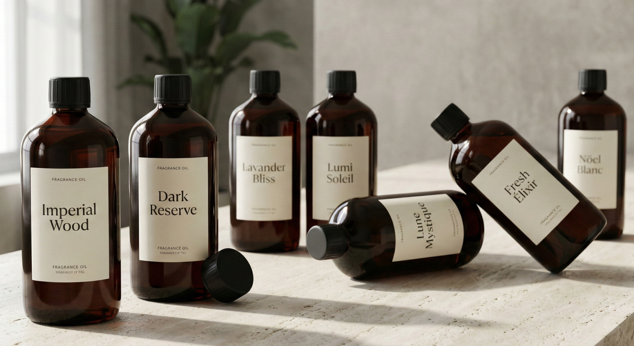 Sortiment brauner Duftöl-Flaschen auf hellem Steinuntergrund, beschriftet mit Imperial Wood, Dark Reserve, Lavender Bliss, Lumi Soleil, Lune Mystique, Fresh Elixir und Noël Blanc