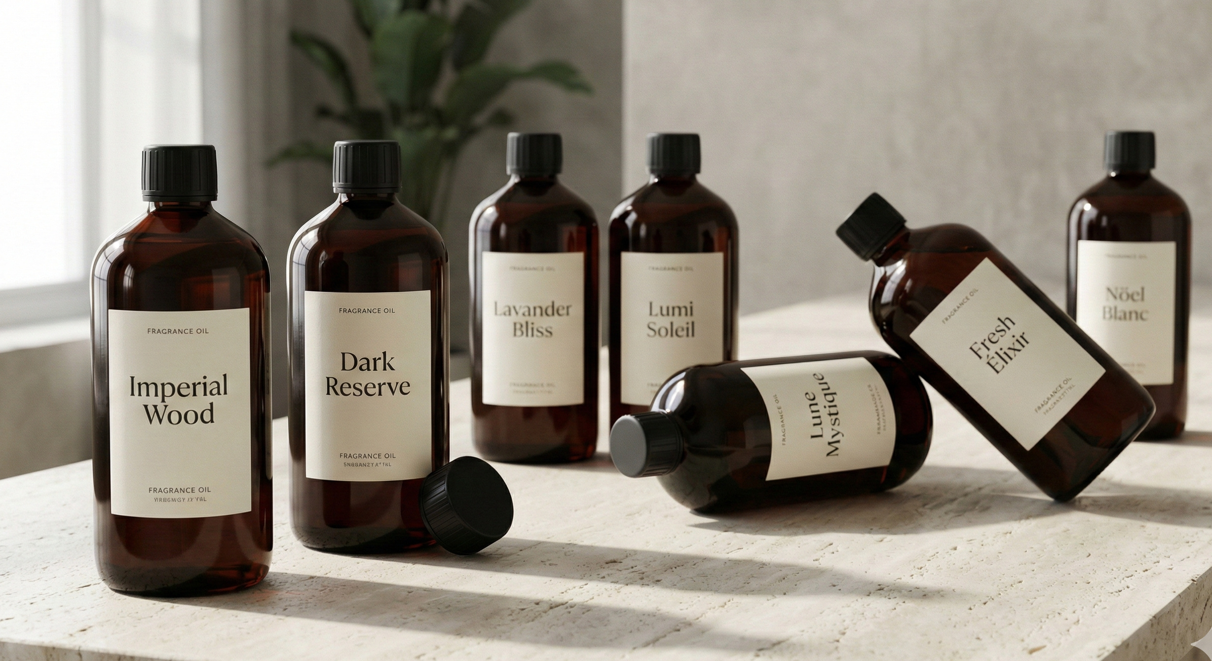Sortiment brauner Duftöl-Flaschen auf hellem Steinuntergrund, beschriftet mit Imperial Wood, Dark Reserve, Lavender Bliss, Lumi Soleil, Lune Mystique, Fresh Elixir und Noël Blanc
