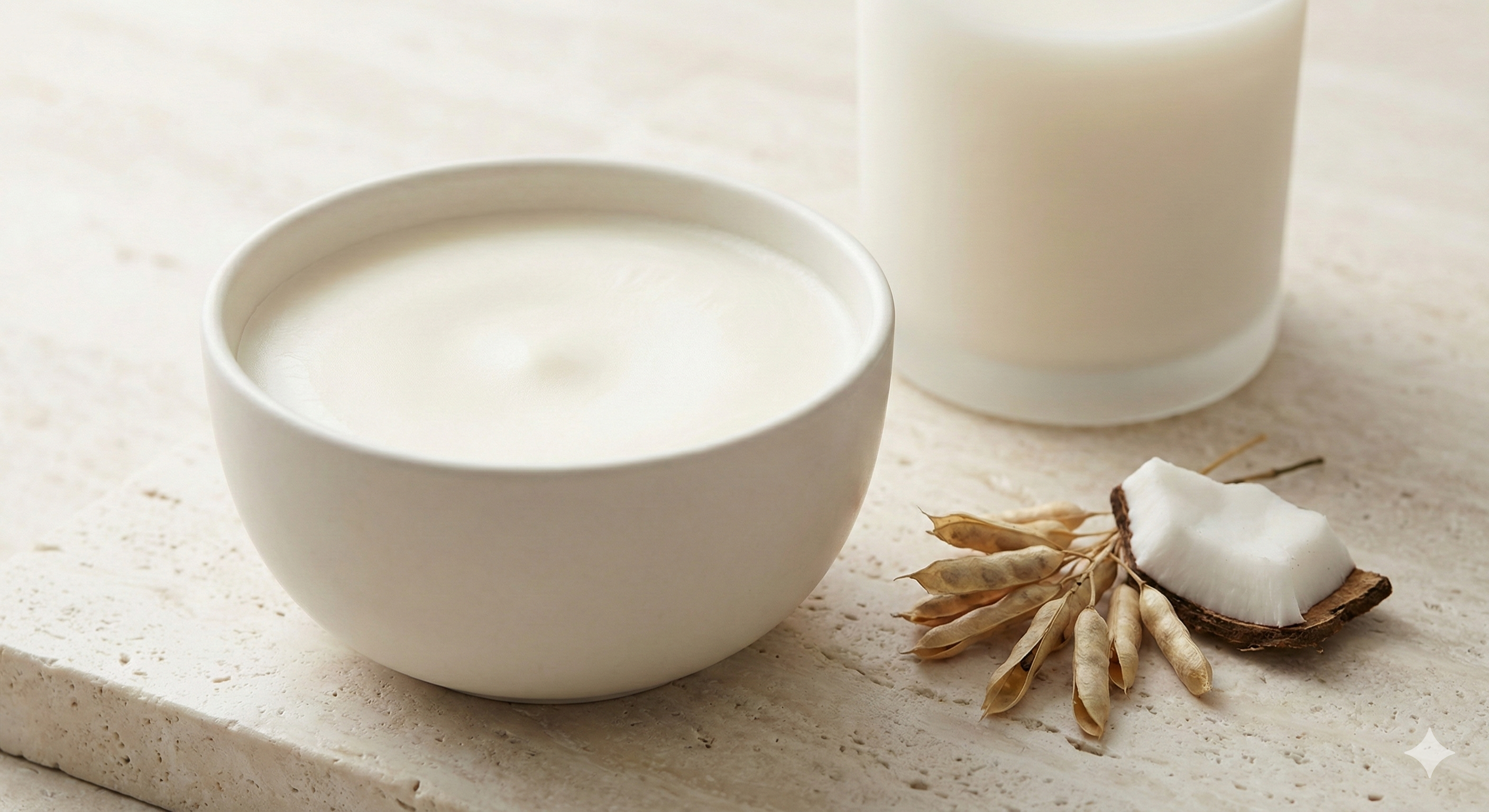 Kokos- und Rapswachs: weiße Wachsmischung in einer Schale neben einem Glasgefäß, daneben ein Stück Kokosnuss und getrocknete Rapsschoten auf hellem Steinuntergrund