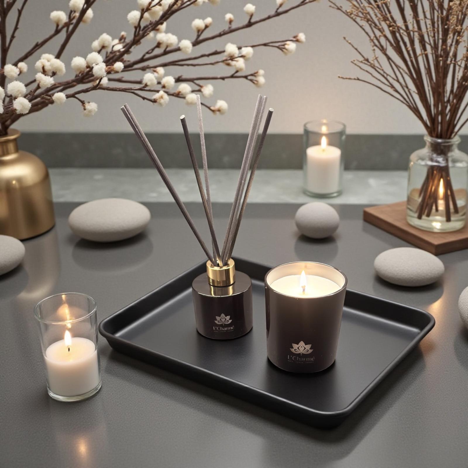 Schwarze Duftkerze und Raumduft Diffuser auf Tablett im Zen Stil mit Kerzen, Steinen und natürlicher Dekoration.