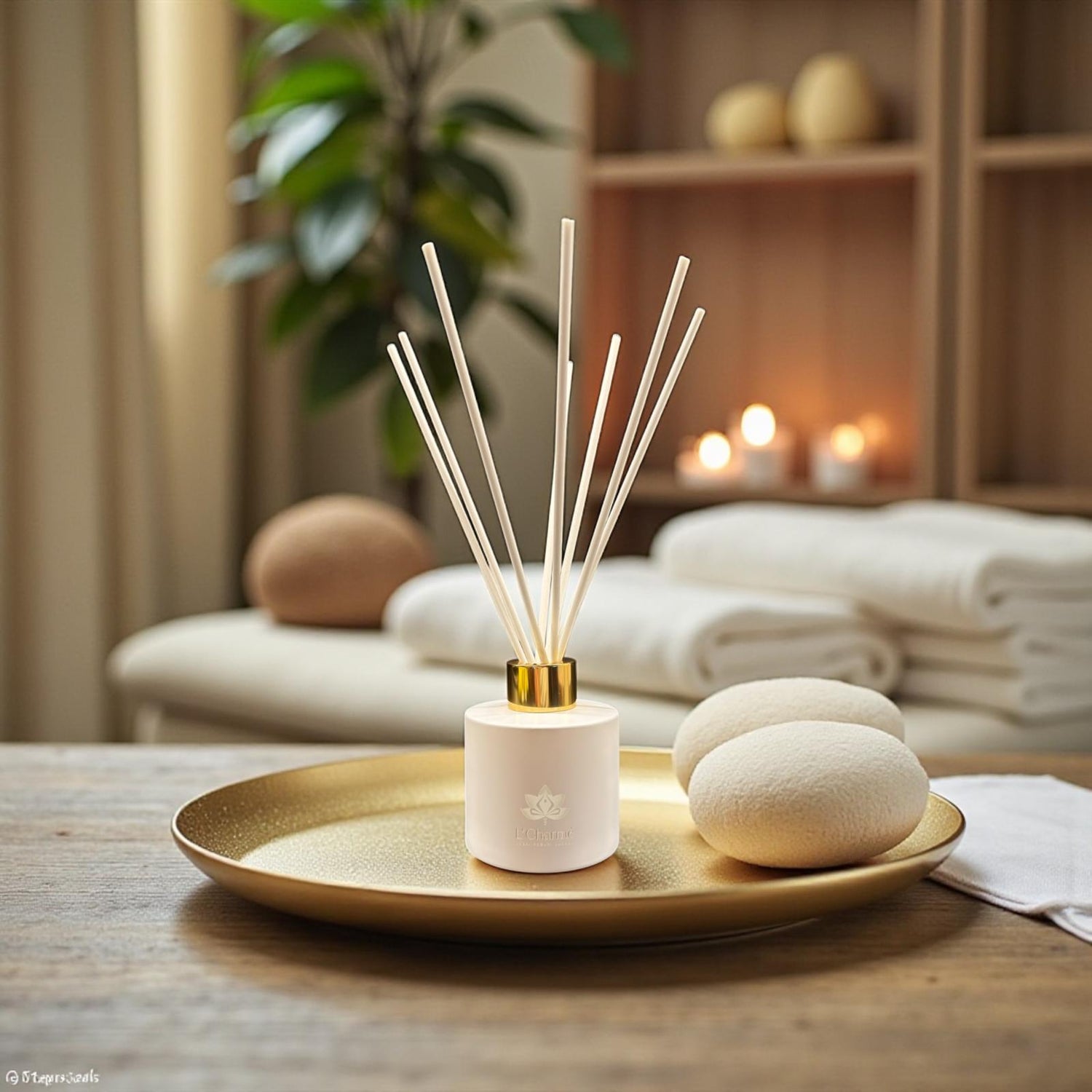 Weißer Raumduft Diffuser mit goldener Kappe auf goldenem Tablett im Spa Ambiente mit Handtüchern und Kerzen.