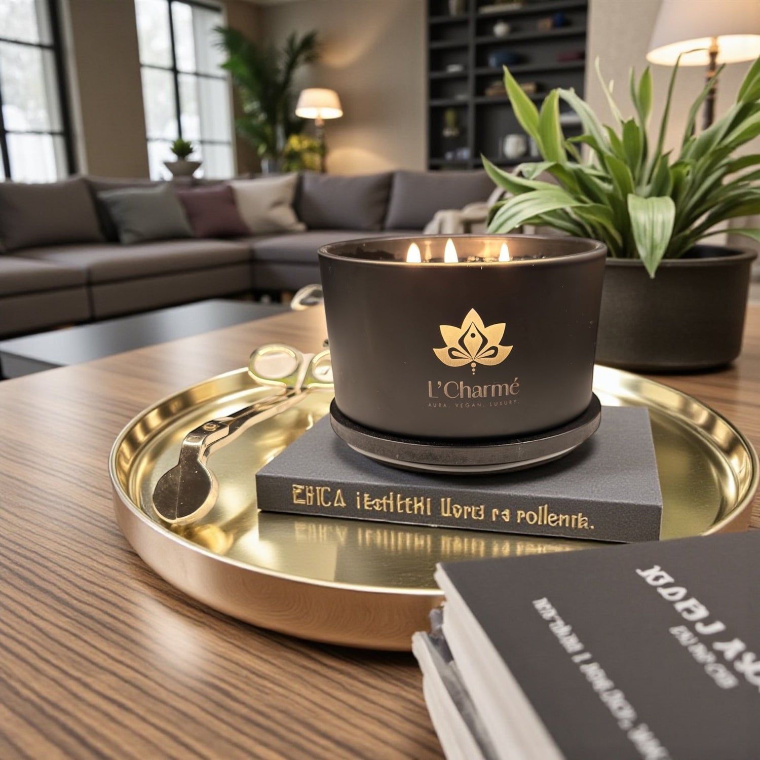 Schwarze Dreidocht-Duftkerze von L’Charmé auf einem goldenen Tablett im eleganten Wohnraum