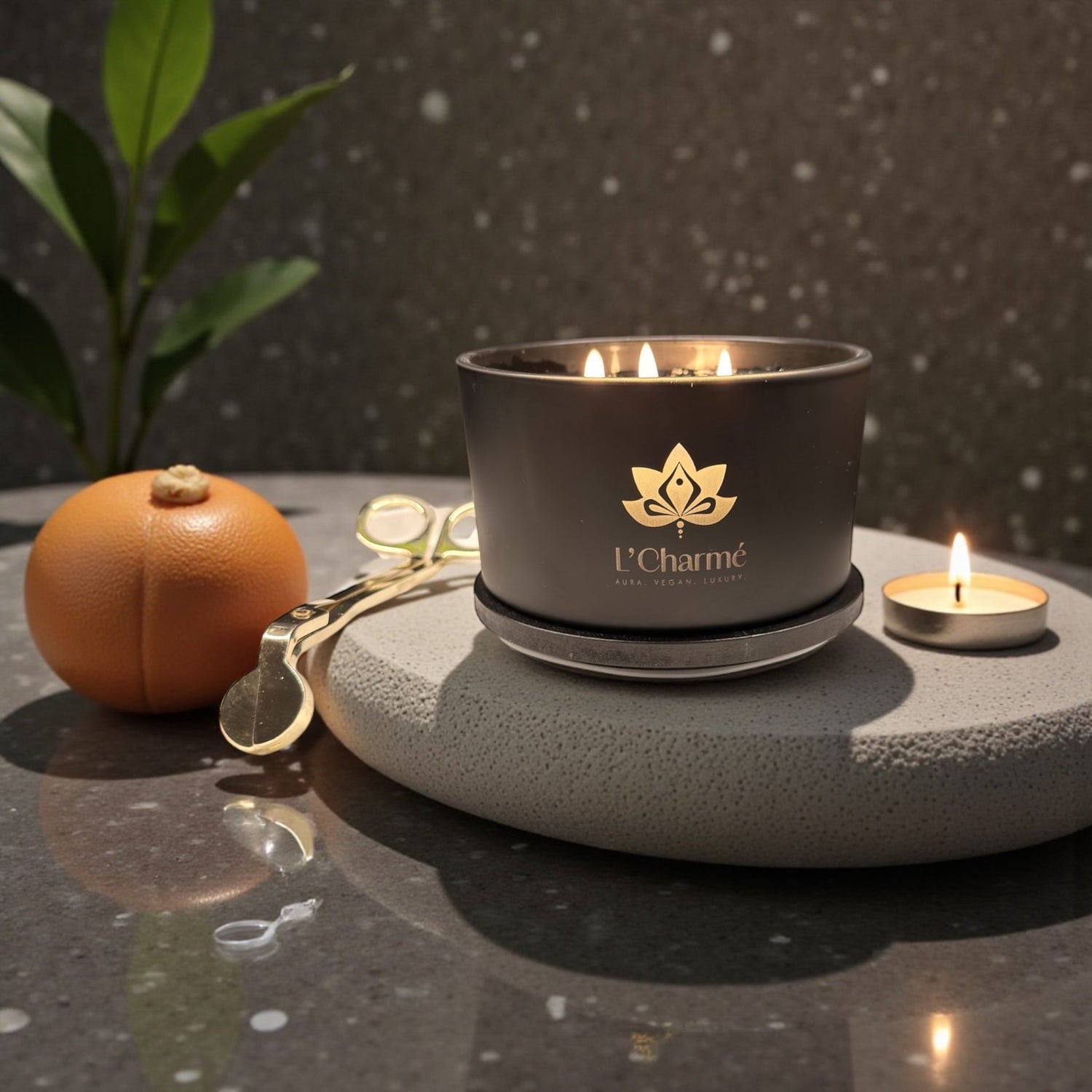 Schwarze Dreidocht-Duftkerze von L’Charmé auf einer runden Steinplatte mit Orange und Dochtschere in elegantem Ambiente