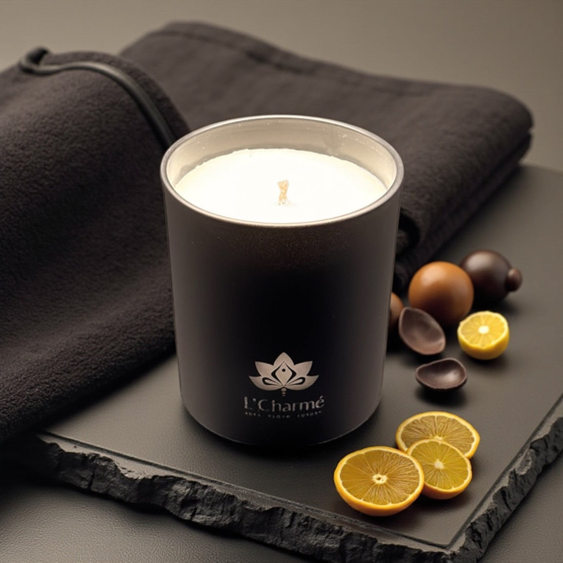 Schwarze Duftkerze von L’Charmé auf einer schwarzen Steinplatte mit Zitrusfrüchten in elegantem Arrangement