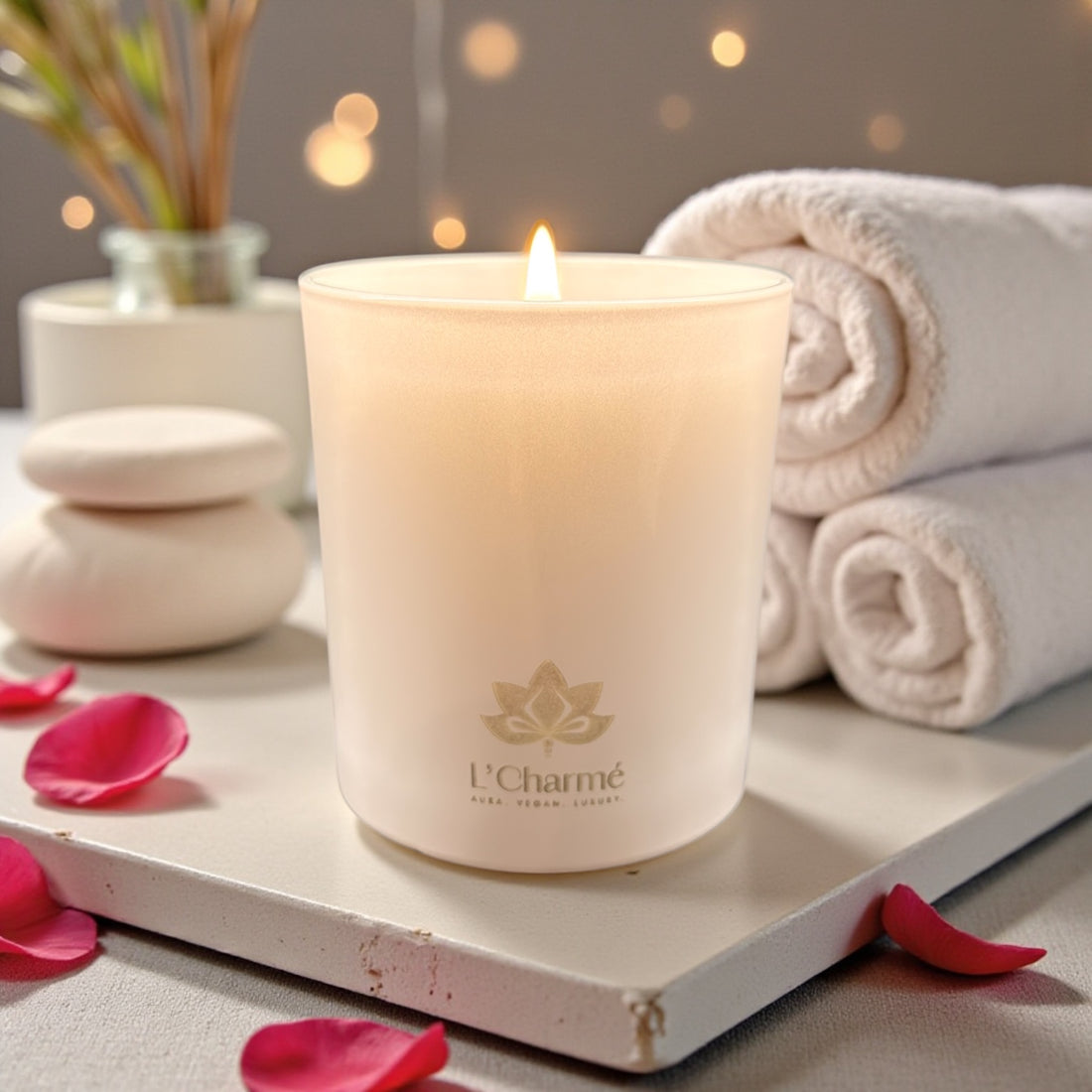 Weiße brennende Duftkerze von L’Charmé auf einer hellen Steinplatte mit Handtüchern, Steinen und Rosenblättern in ruhigem Spa-Ambiente