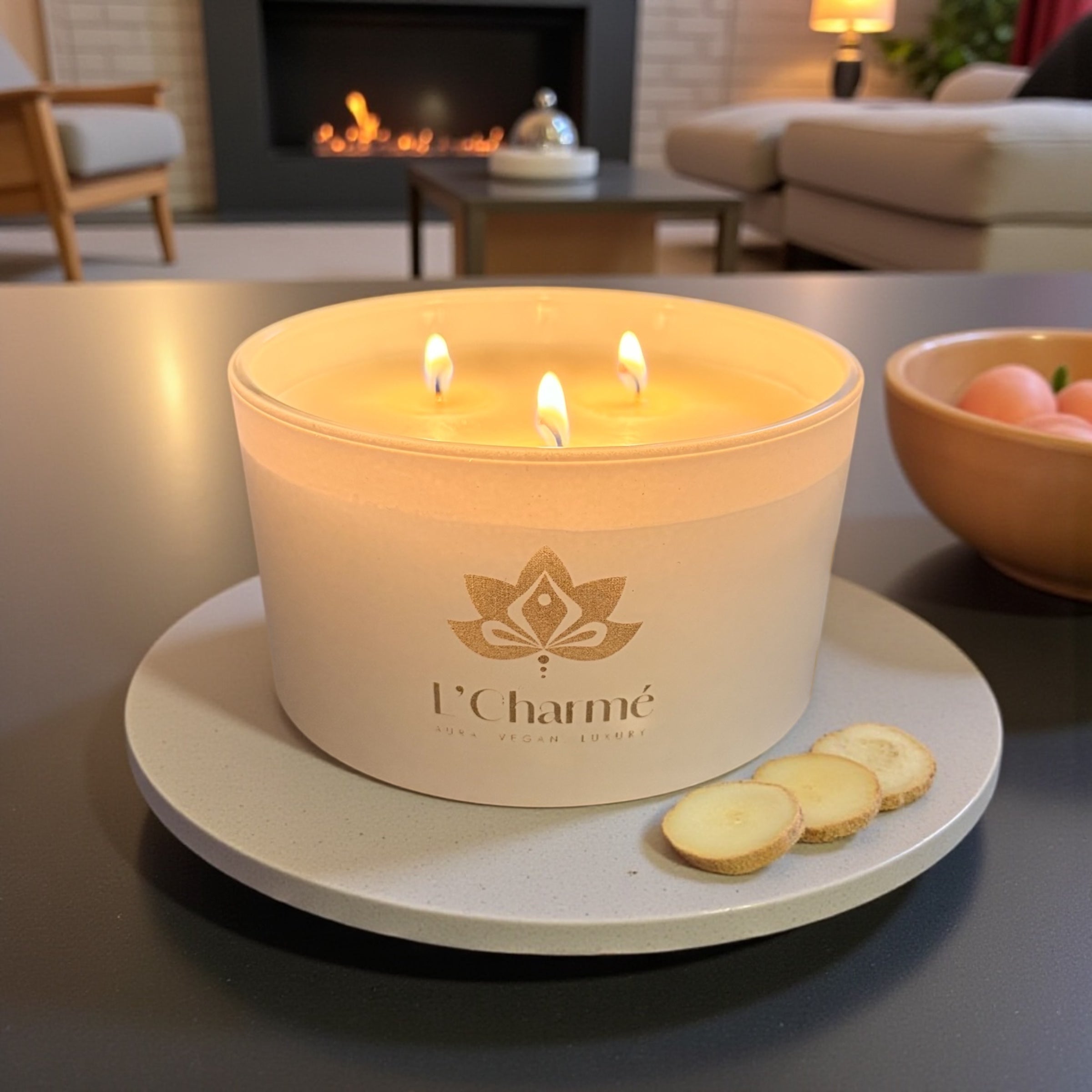 Weiße Dreidocht-Duftkerze von L’Charmé auf einem schwarzen Tisch vor einem Kamin in elegantem Wohnambiente