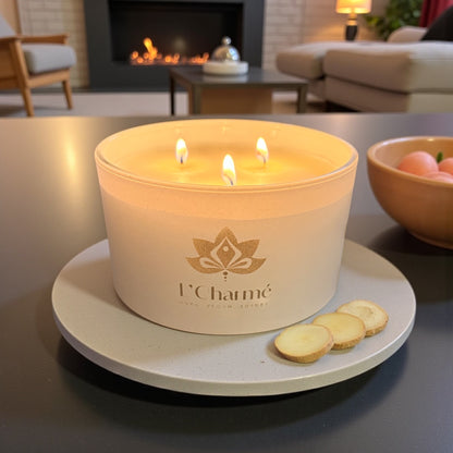 Weiße Dreidocht-Duftkerze von L’Charmé auf einem schwarzen Tisch vor einem Kamin in elegantem Wohnambiente