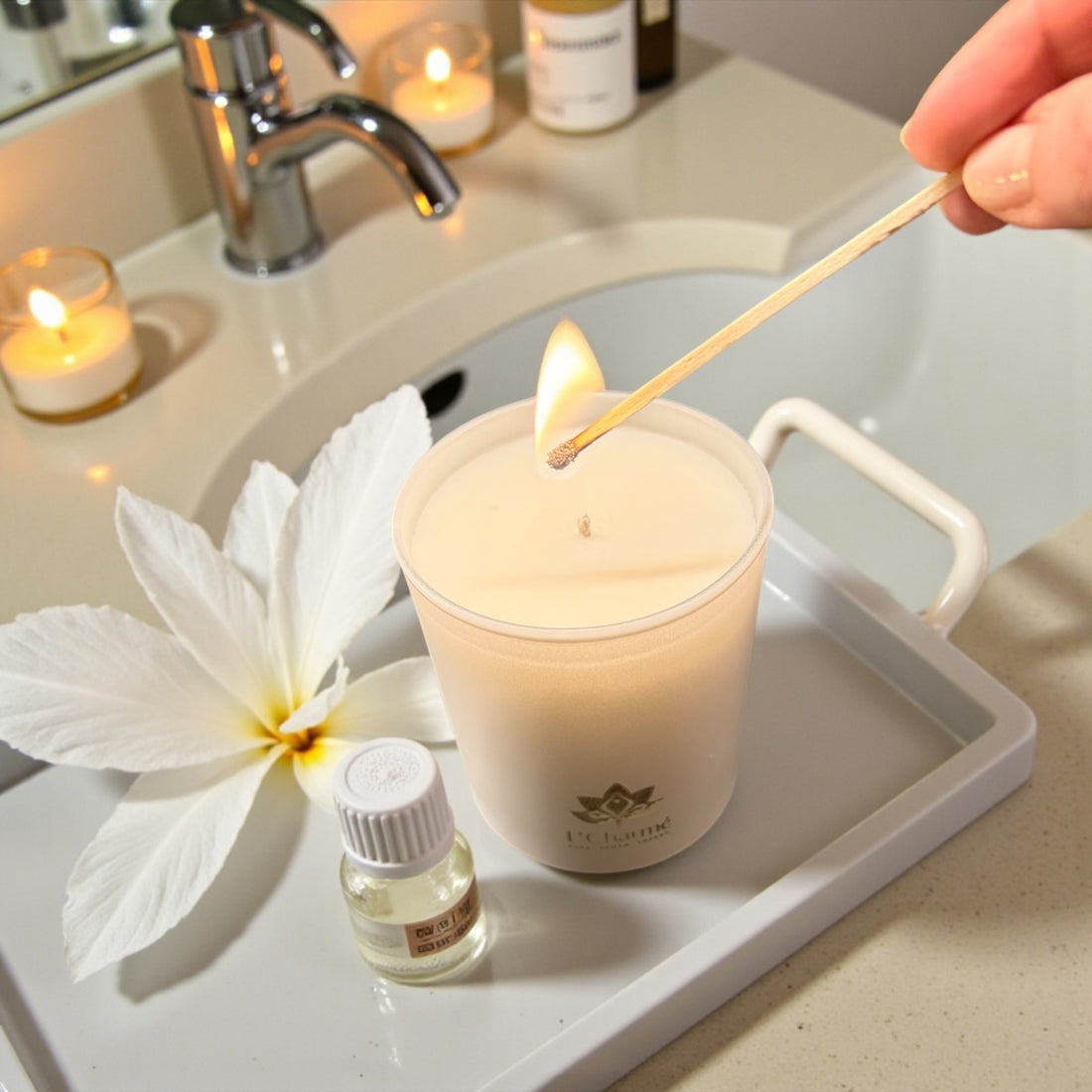 Weiße Duftkerze von L’Charmé auf einem weißen Tablett im Badezimmer, während sie mit einem Streichholz angezündet wird