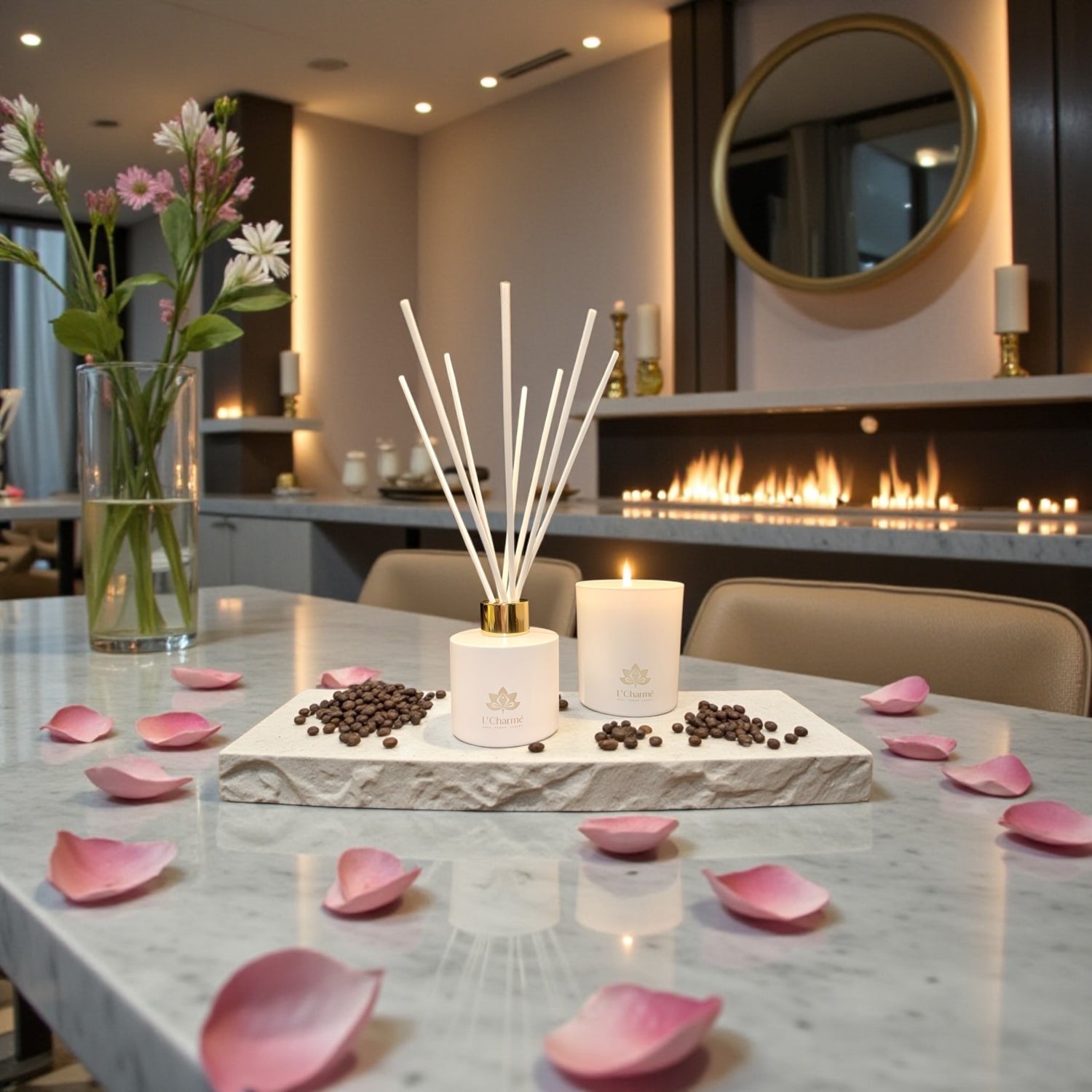Weißer Duftdiffuser und brennende Duftkerze von L’Charmé auf einer Steinplatte mit rosa Blüten in elegantem Ambiente